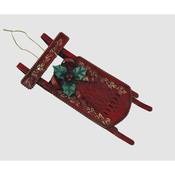 Vintage Christmas Ornament - Deep Red &amp; gold  Metal Sled w/ Holly Leaf &amp; - Picture 4 of 4